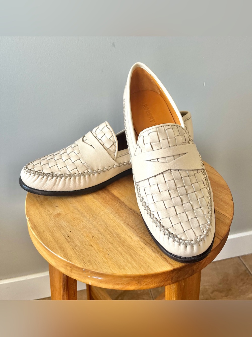 ROBERT ZUR Men's Cream Woven Leather Penny Loafers Size 10M -Quiet Luxury - Picture 4 of 11